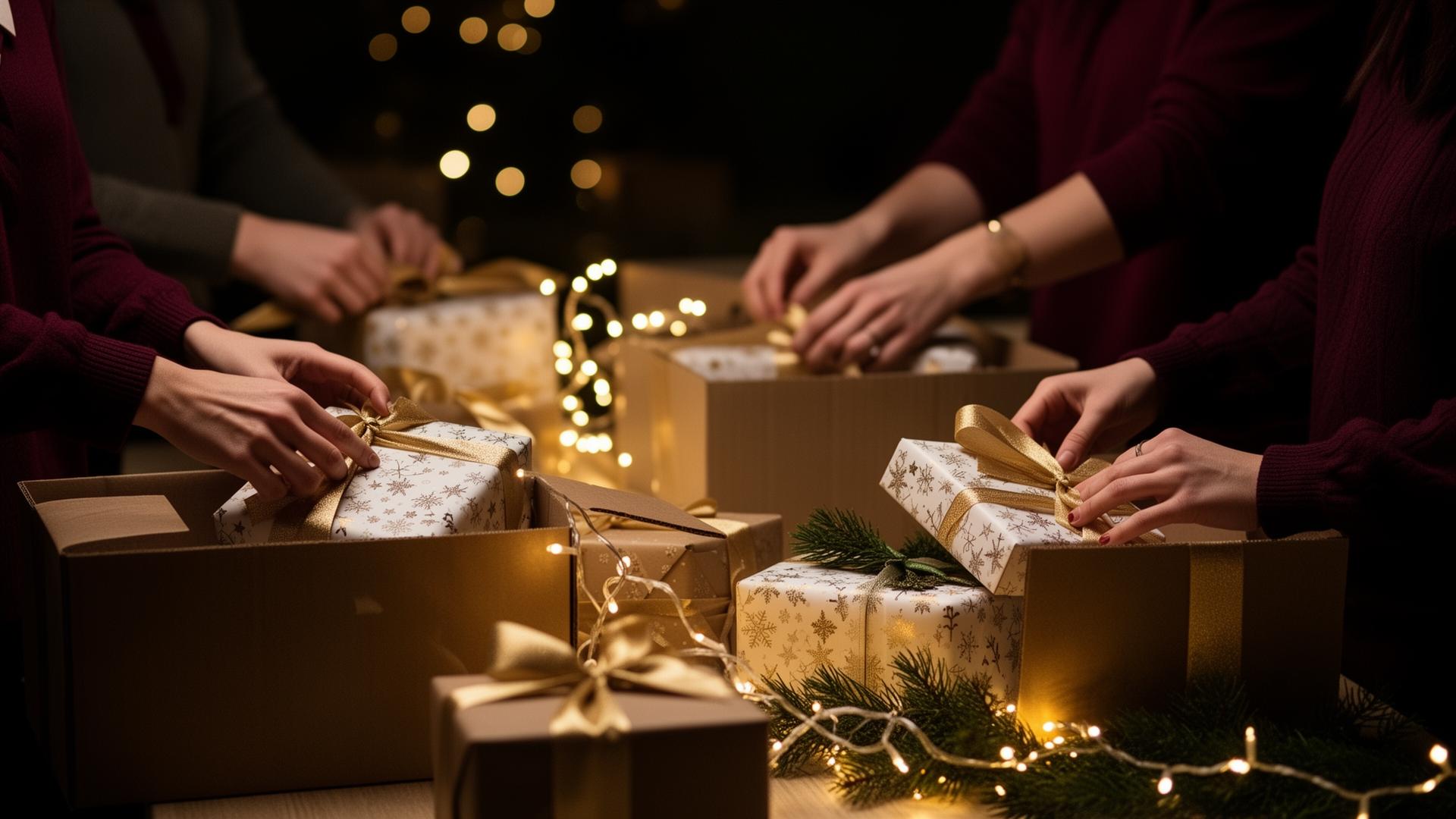 Volunteers wrapping holiday gifts